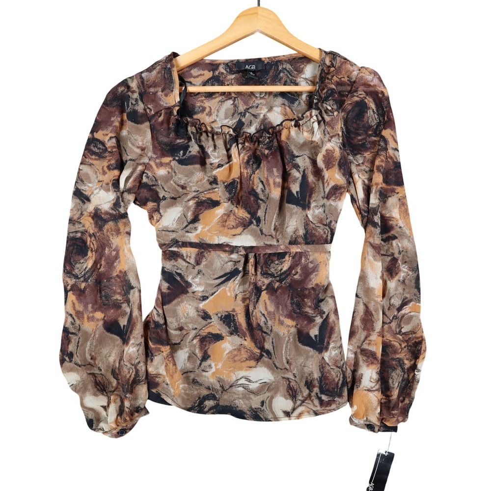 AGB Blouse Womens Small Brown Tan Abstract Floral Ruffle Neck Balloon Sleeve NEW